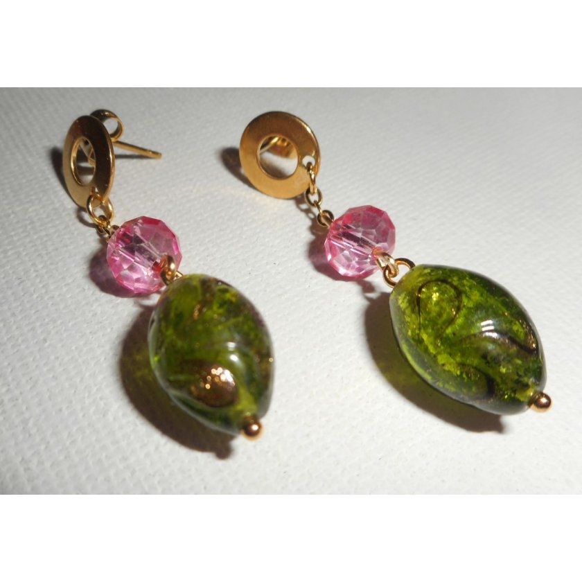 Boucles d'oreilles en verre et cristal vertes et rose