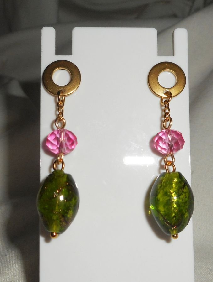 Boucles d'oreilles en verre et cristal vertes et rose