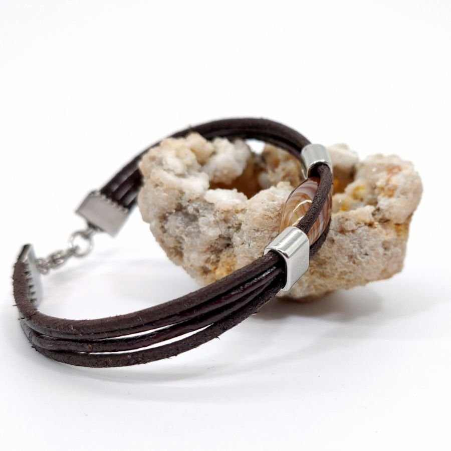 Bracelet agate olive sur cuir marron multi-rangs pour homme