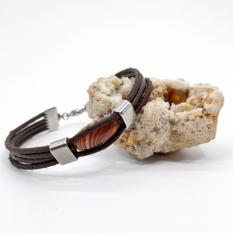 Bracelet agate olive sur cuir marron multi-rangs pour homme