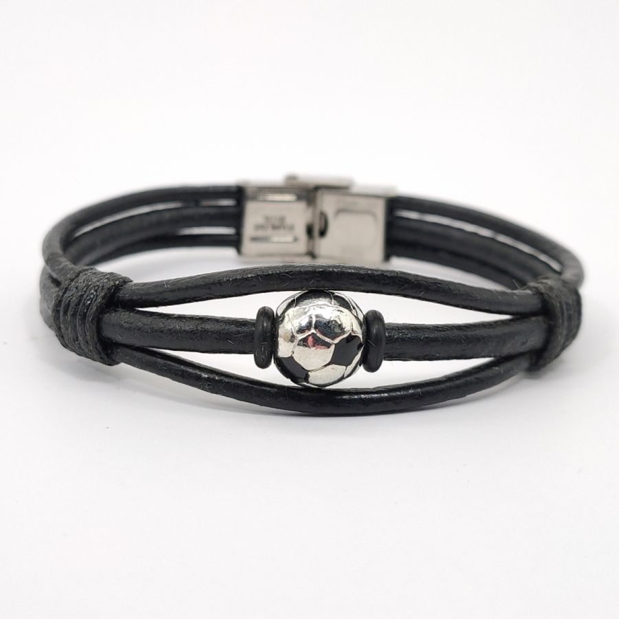 Bracelet ballon de foot sur cordon de cuir noir