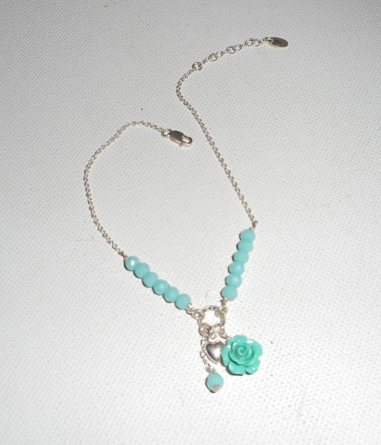 Bracelet/chaine de cheville originale en argent 925 avec perles en cristal et rose verte