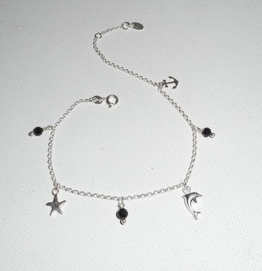 Bracelet/chaine de cheville originale en argent 925 avec pampilles thème mer avec cristal noir