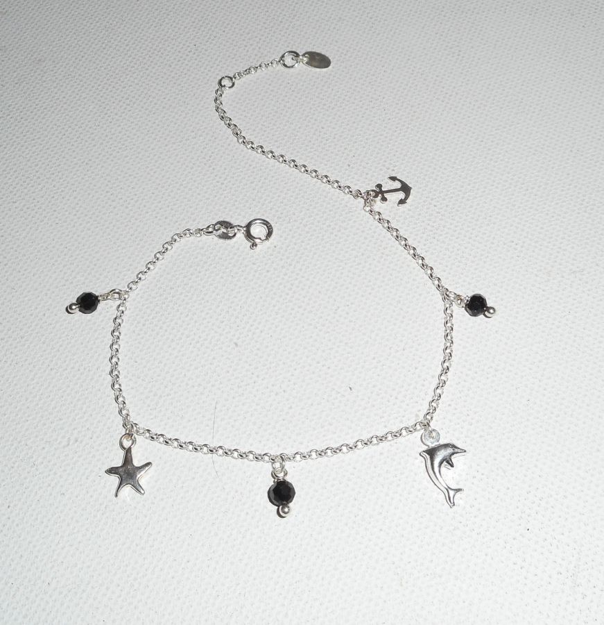 Bracelet/chaine de cheville originale en argent 925 avec pampilles thème mer avec cristal noir