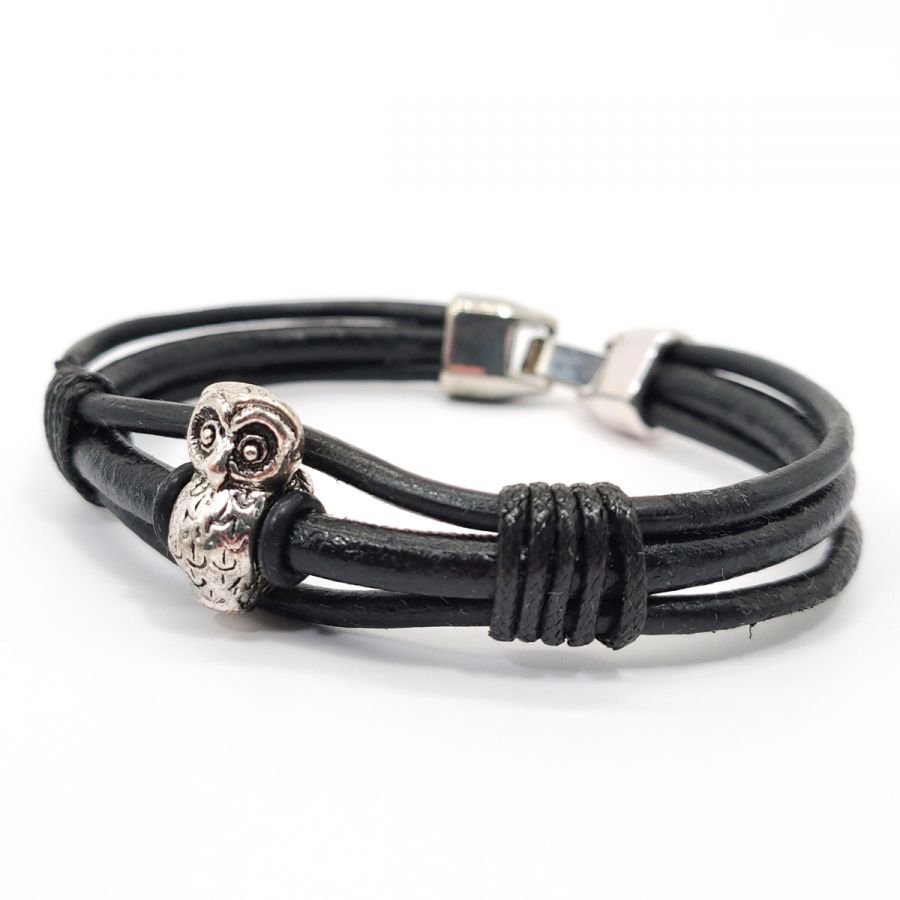 Bracelet chouette sur cordon de cuir noir