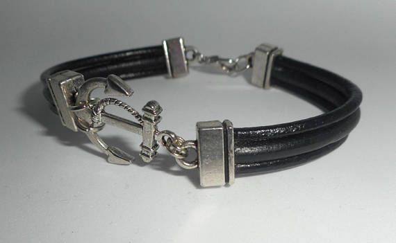 Bracelet cuir noir multi-rangs avec ancre en métal argent