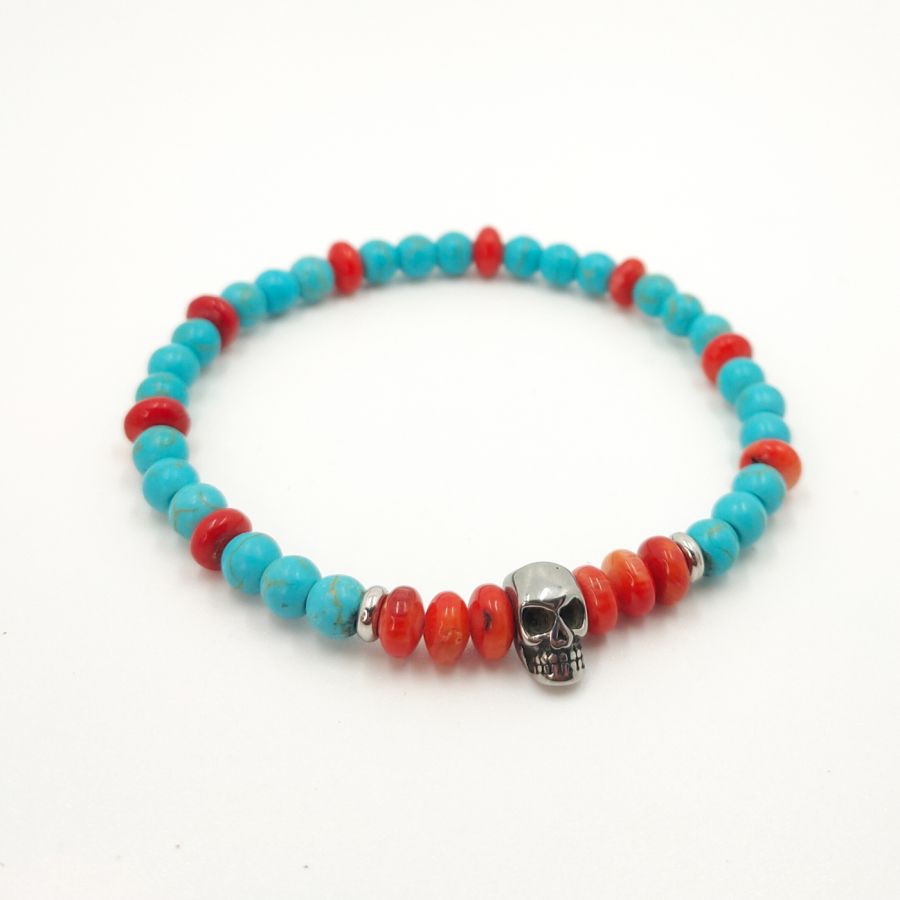 Bracelet en gorgone et turquoise avec tête de mort en acier inoxydable