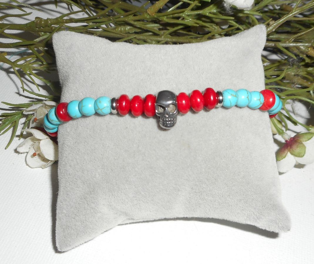 Bracelet en gorgone et turquoise avec tête de mort en acier inoxydable