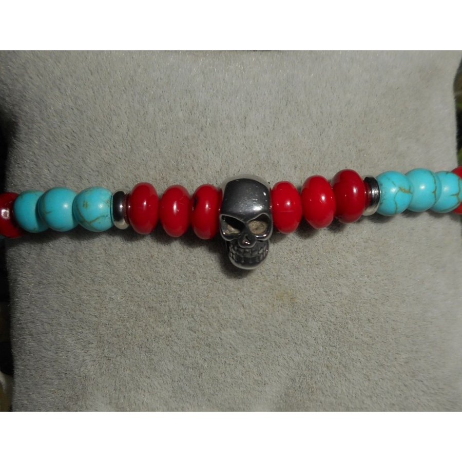 Bracelet en gorgone et turquoise avec tête de mort en acier inoxydable