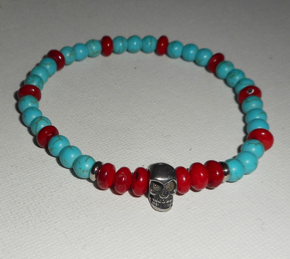 Bracelet en gorgone et turquoise avec tête de mort en acier inoxydable