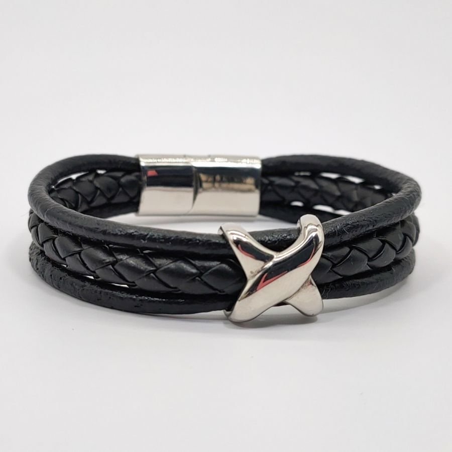 Bracelet homme X en acier inoxydable sur cuir noir