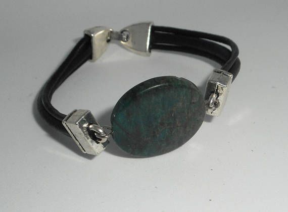 Bracelet homme cuir multi-rangs avec pierre en jaspe bleue