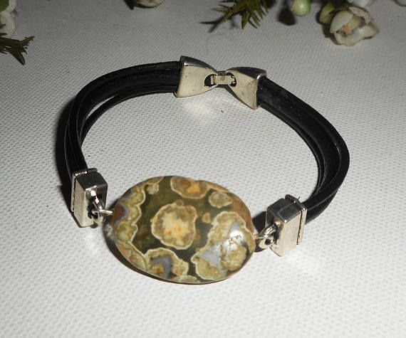 Bracelet homme cuir multi-rangs avec pierre en rhyanite verte