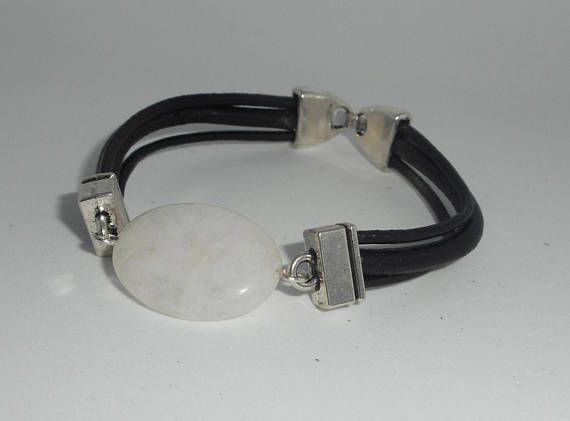 Bracelet homme cuir multi-rangs avec pierre en cristal de roche blanc