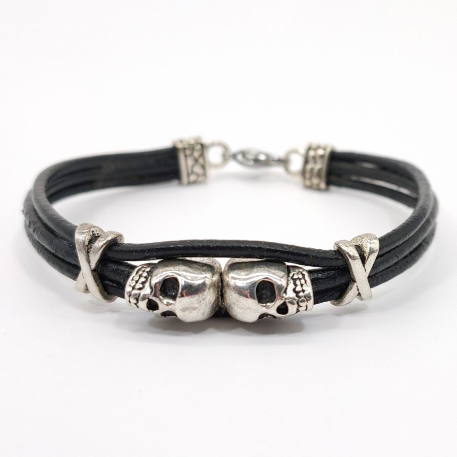 Bracelet homme cuir noir multi-rangs avec perle tête de mort double 