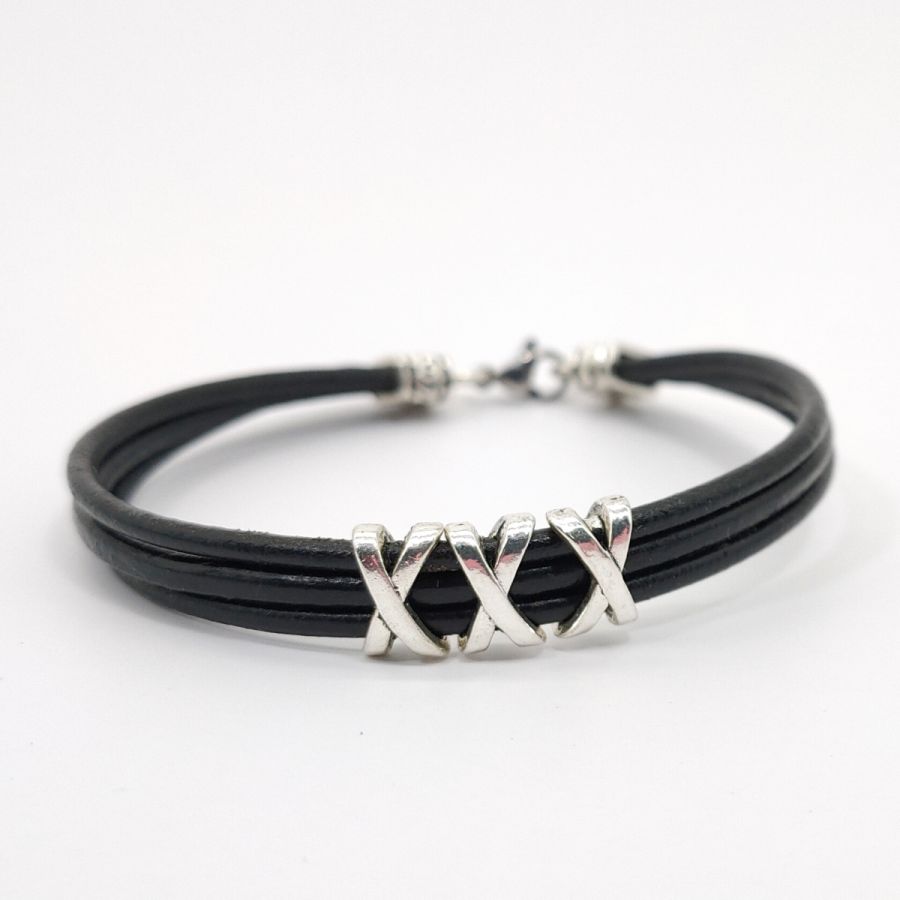 Bracelet homme cuir noir multi-rangs avec perle XXX