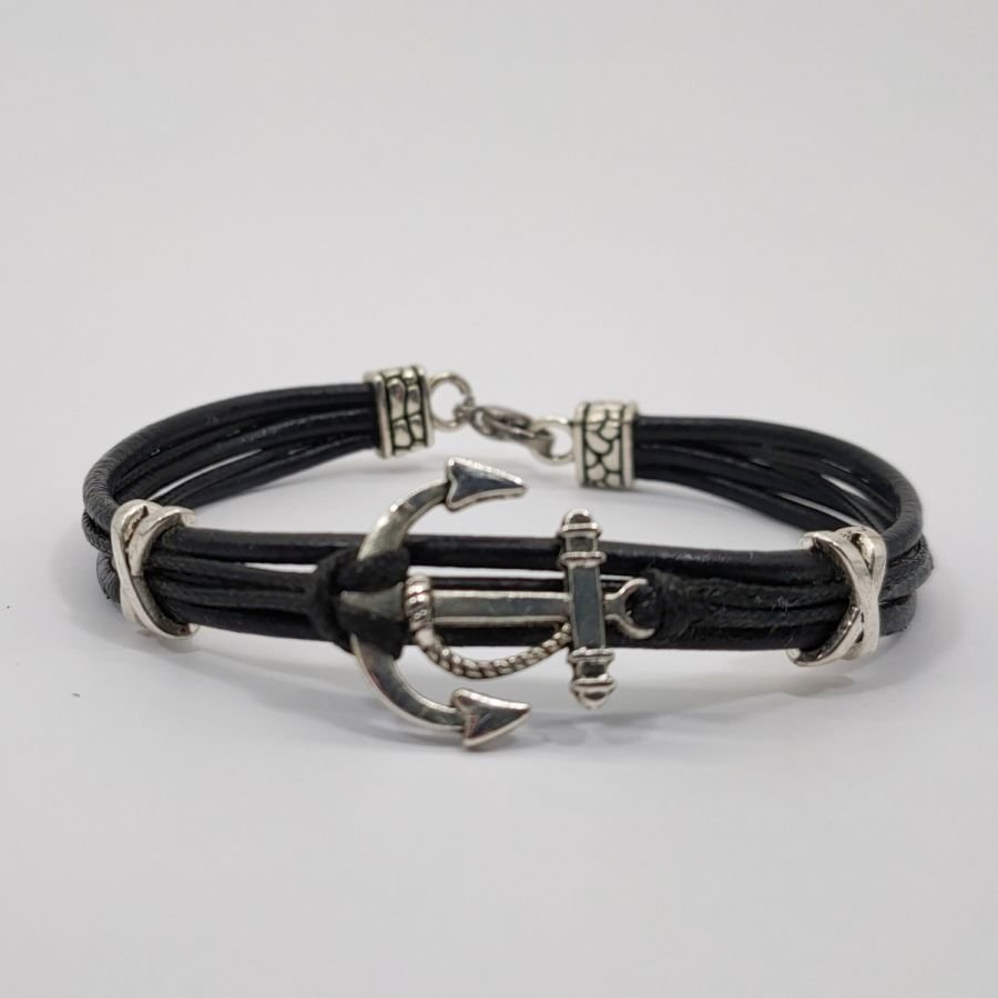 Bracelet homme cuir noir multi-rangs avec ancre en métal argent