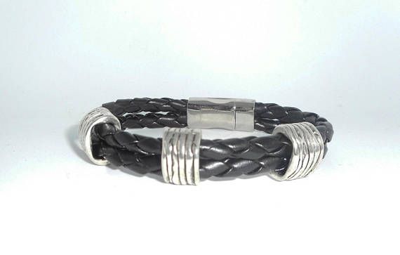 Bracelet homme double rangs de simili cuir noir avec gros passant en métal argent