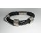 Bracelet homme double rangs de simili cuir noir avec gros passant en métal argent