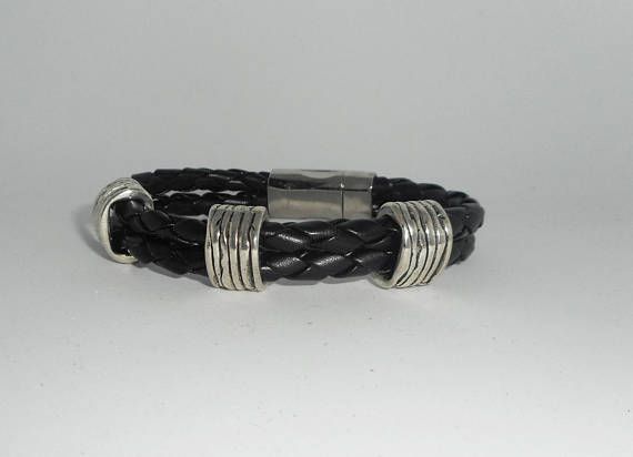 Bracelet homme double rangs de simili cuir noir avec gros passant en métal argent