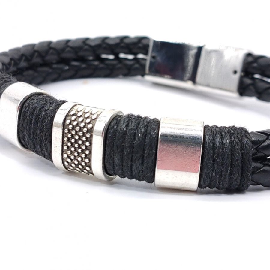 Bracelet homme 3 passants et corde sur cuir noir