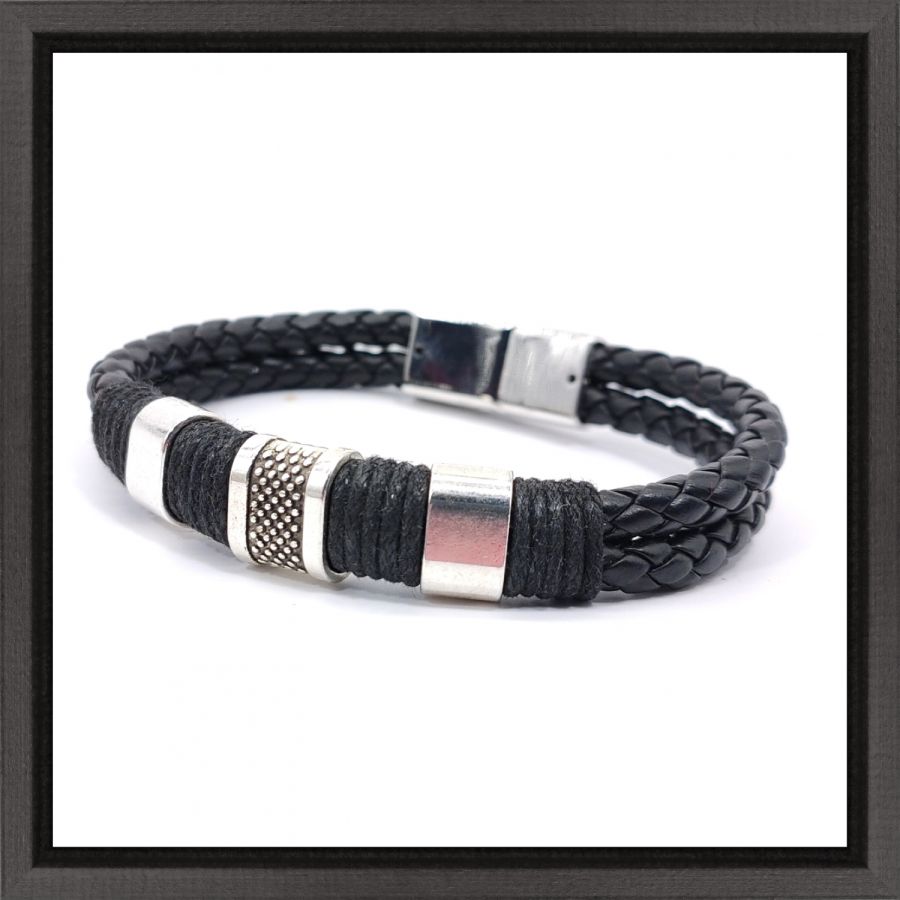 Bracelet homme 3 passants et corde sur cuir noir