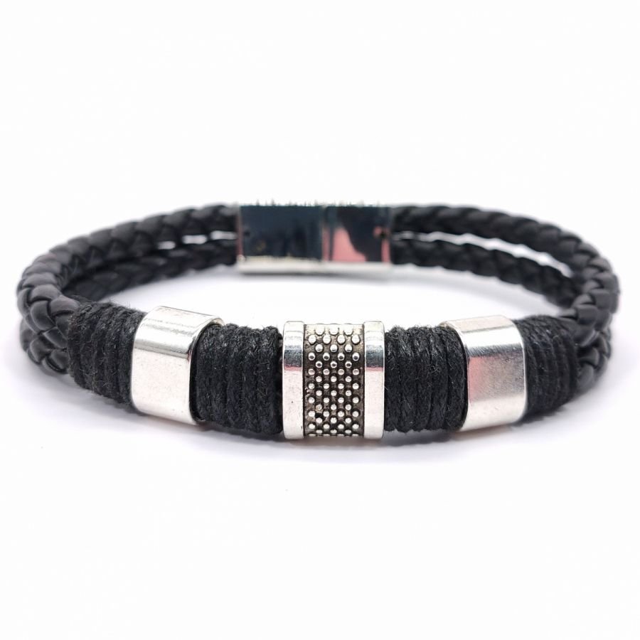 Bracelet homme 3 passants et corde sur cuir noir