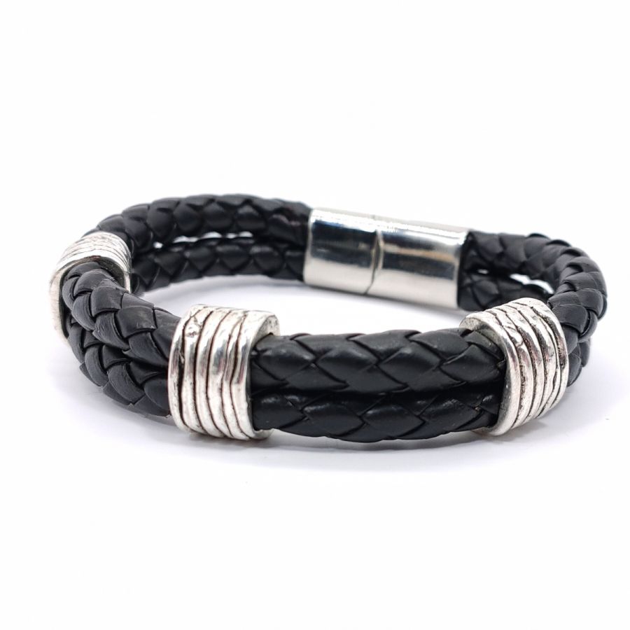 Bracelet homme 3 passants sur double rang de cuir noir