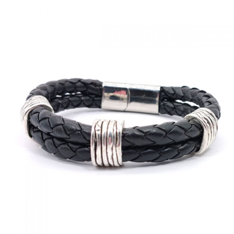 Bracelet homme 3 passants sur double rang de cuir noir