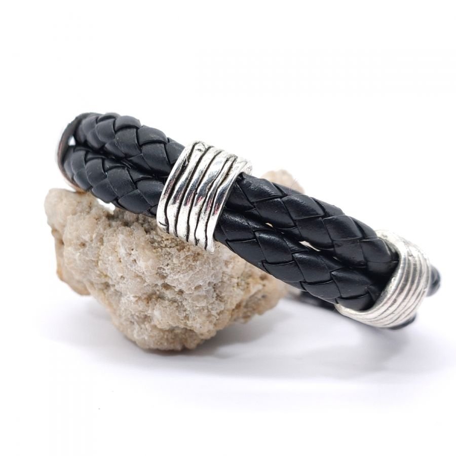 Bracelet homme 3 passants sur double rang de cuir noir