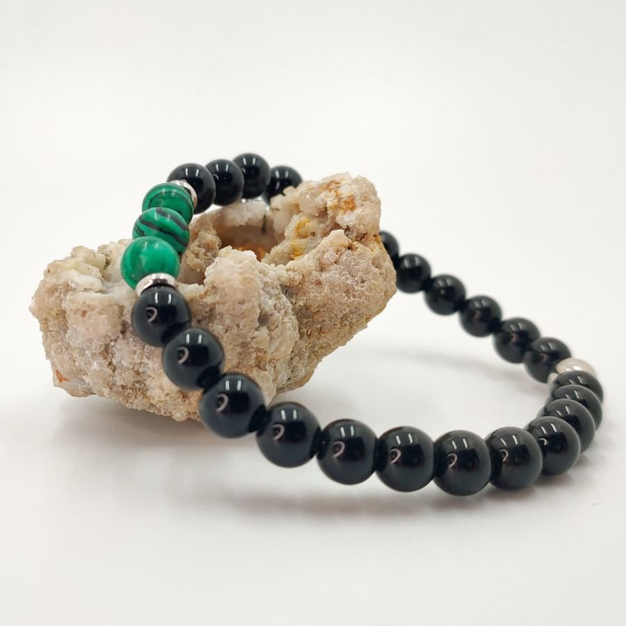 Bracelet homme en pierre de malachite avec onyx et perles acier inox