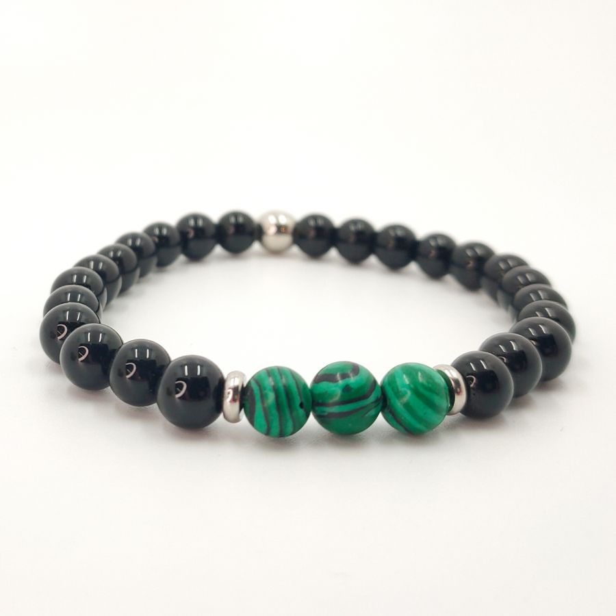 Bracelet homme en pierre de malachite avec onyx et perles acier inox