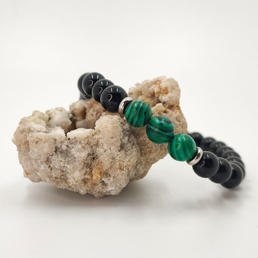 Bracelet homme en pierre de malachite avec onyx et perles acier inox
