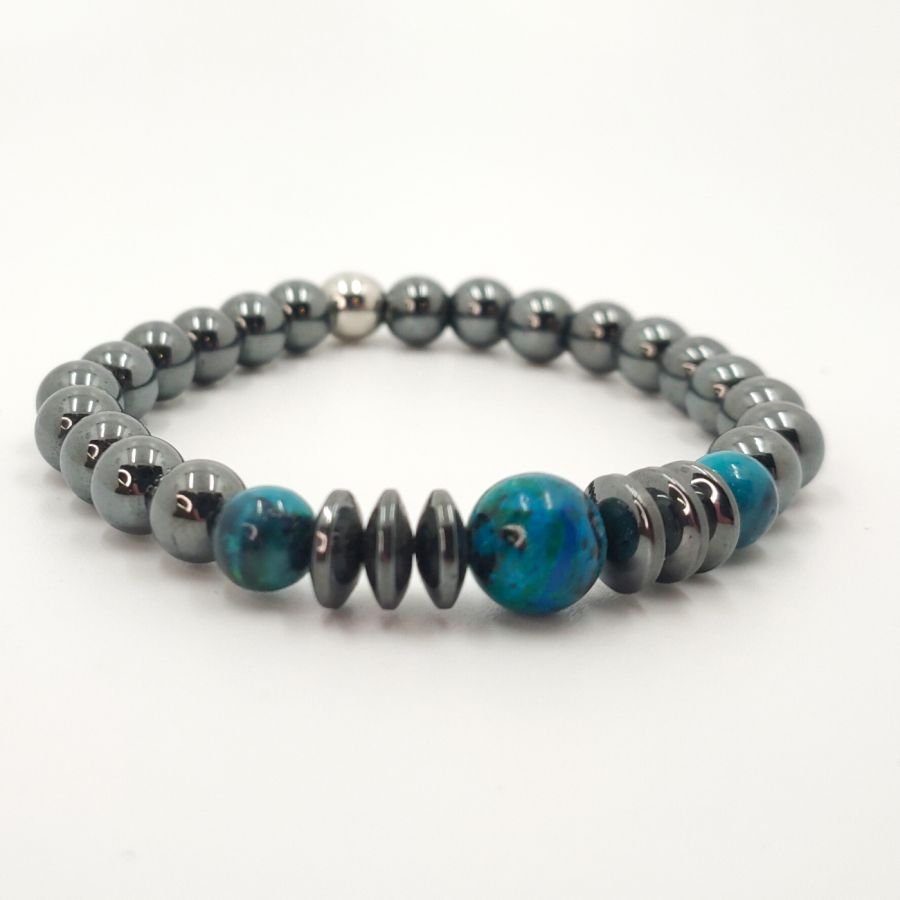 Bracelet homme en pierres d'hématite gris anthracite et crysocolle 