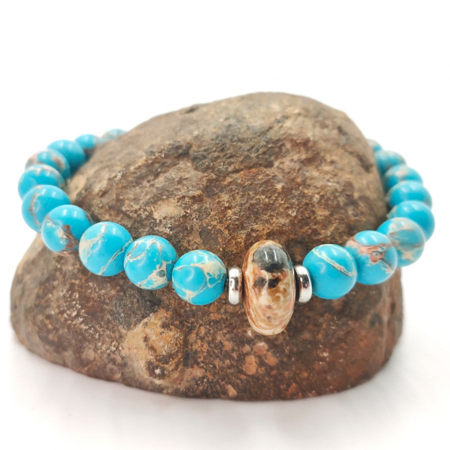 Bracelet homme en pierres de jaspe marron et amazonite et acier inoxydable