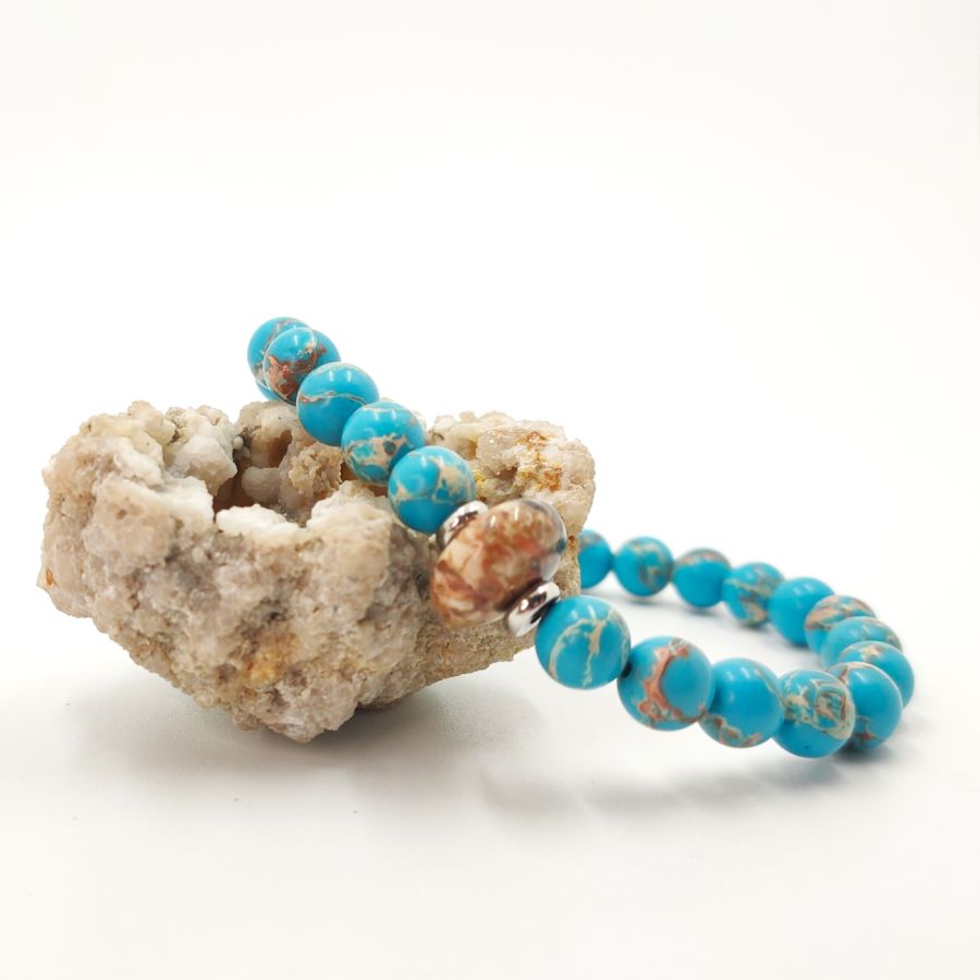 Bracelet homme en pierres de jaspe marron et amazonite et acier inoxydable