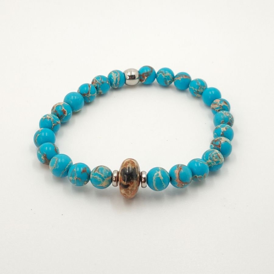 Bracelet homme en pierres de jaspe marron et amazonite et acier inoxydable