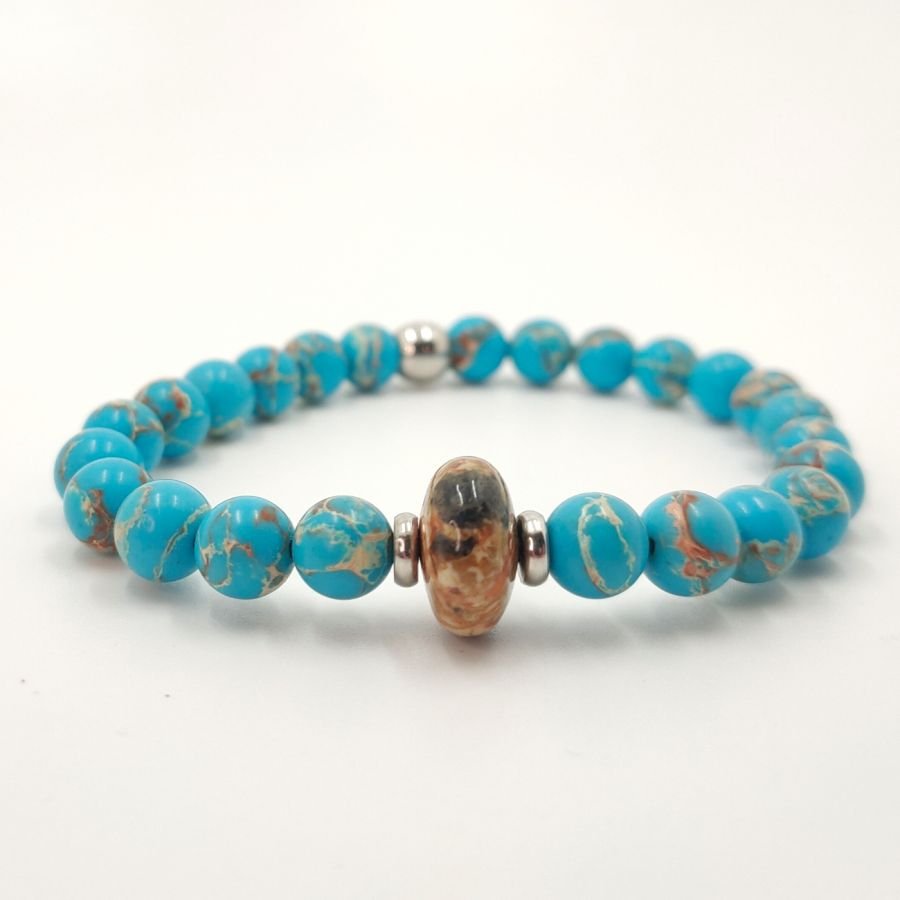 Bracelet homme en pierres de jaspe marron et amazonite et acier inoxydable