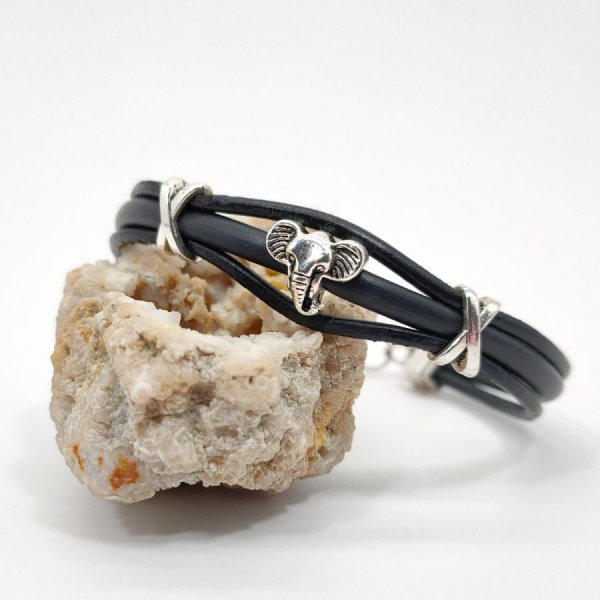 Bracelet éléphant sur cordons de cuir noir