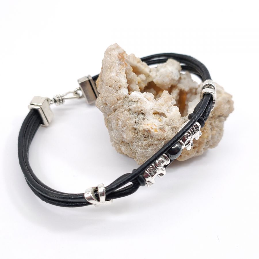 Bracelet éléphants avec pierre sur cordons en cuir noir 