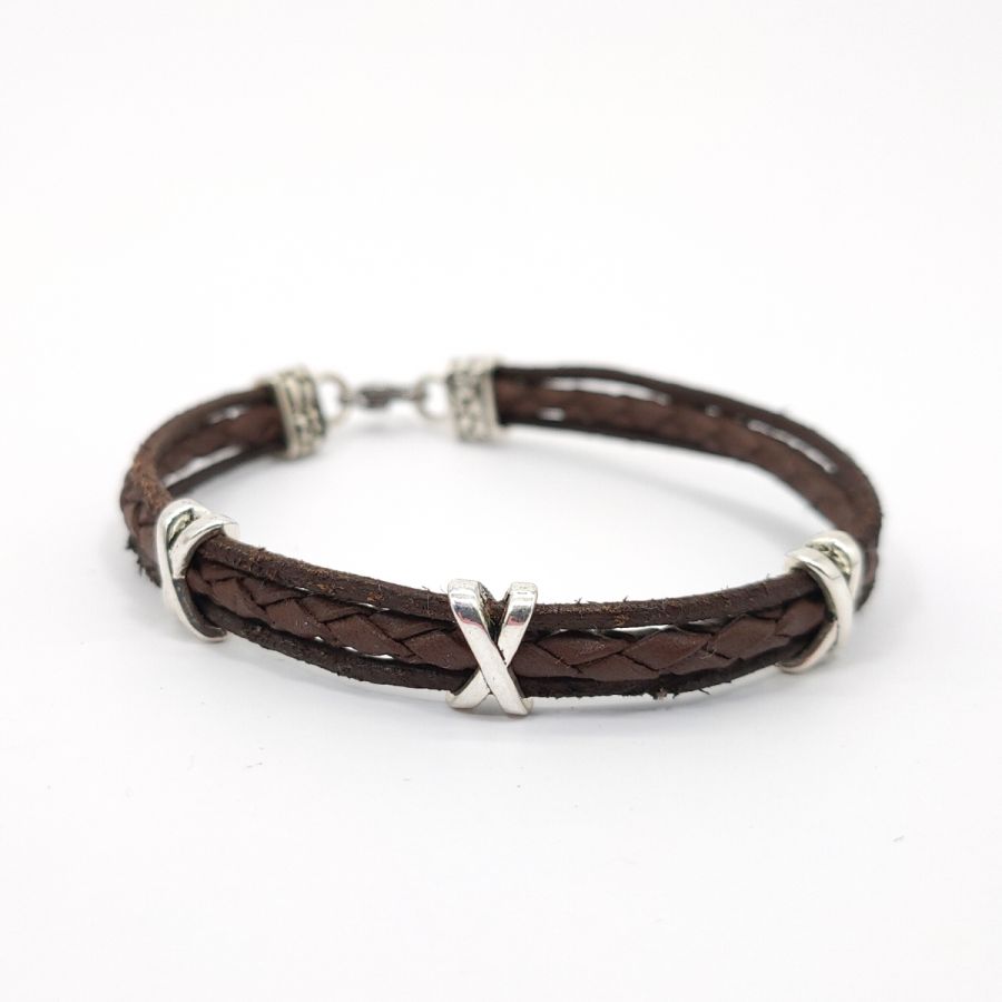 Bracelet multi-rangs en cuir marron pour homme