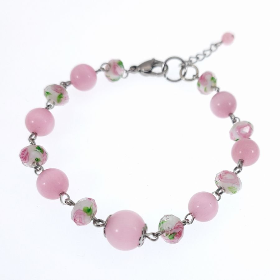 Bracelet en perle de verre rose fleurie 