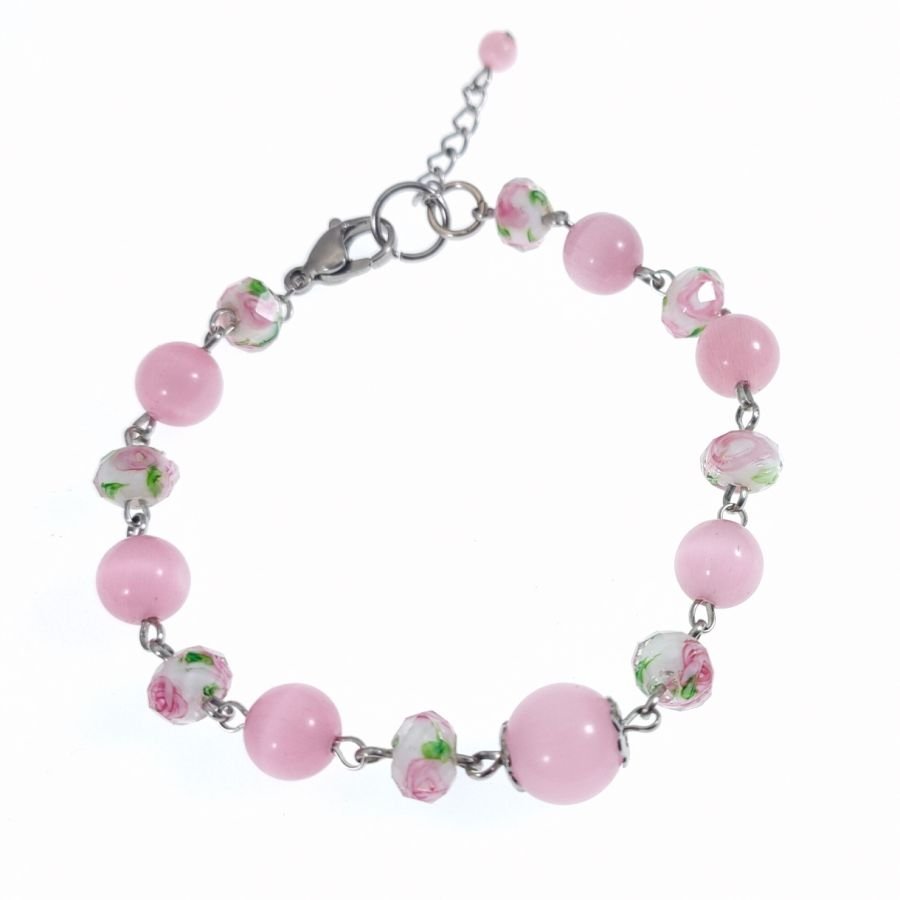 Bracelet en perle de verre rose fleurie 