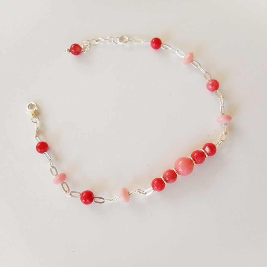 Bracelet perles en corail et gorgone rouge sur chaine argent 925