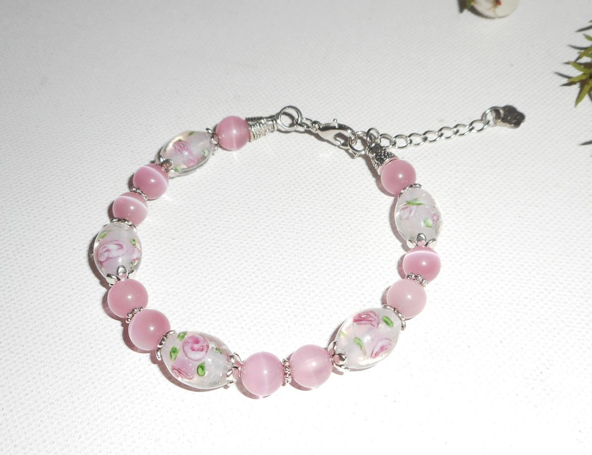 Bracelet en perles de Murano fleuri rose avec cristal