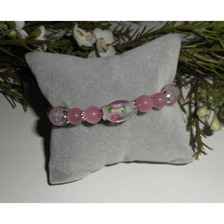 Bracelet en perles de Murano fleuri rose avec cristal