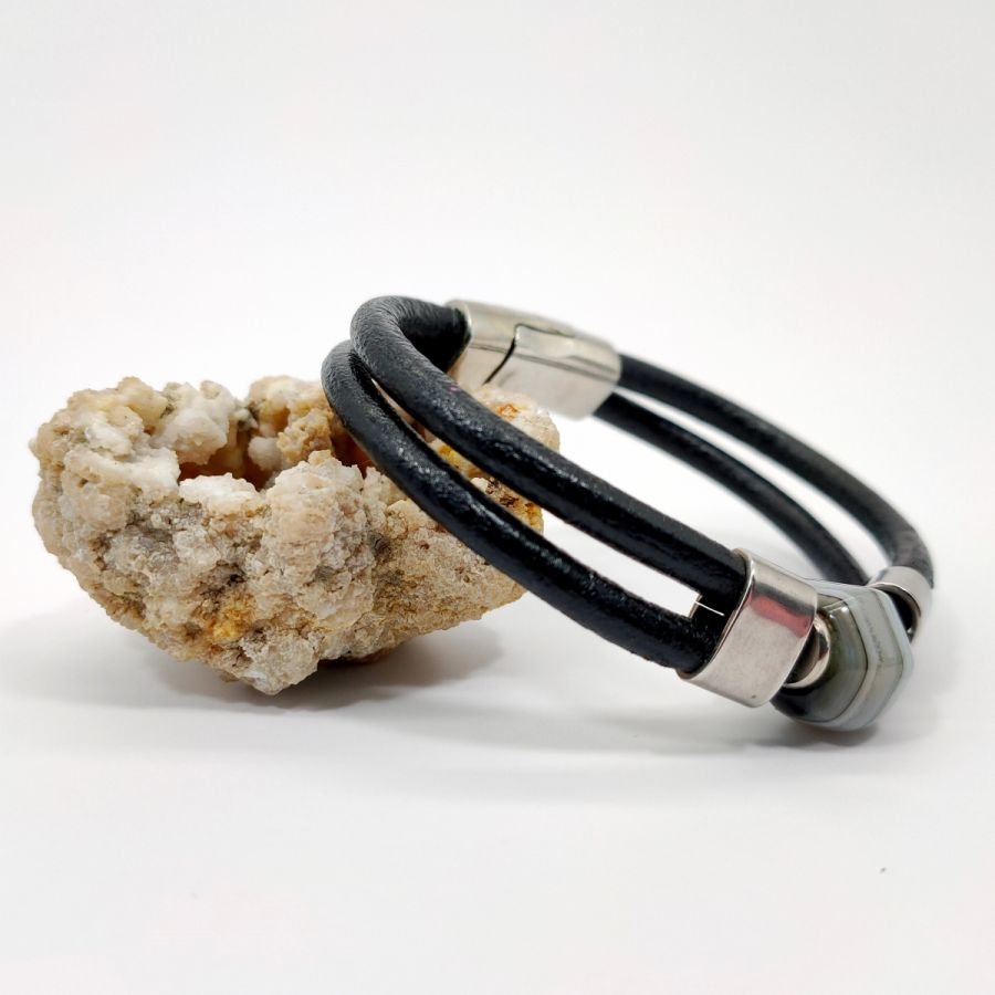 Bracelet pierre en agate de Boswana sur cuir noir double-rangs pour homme