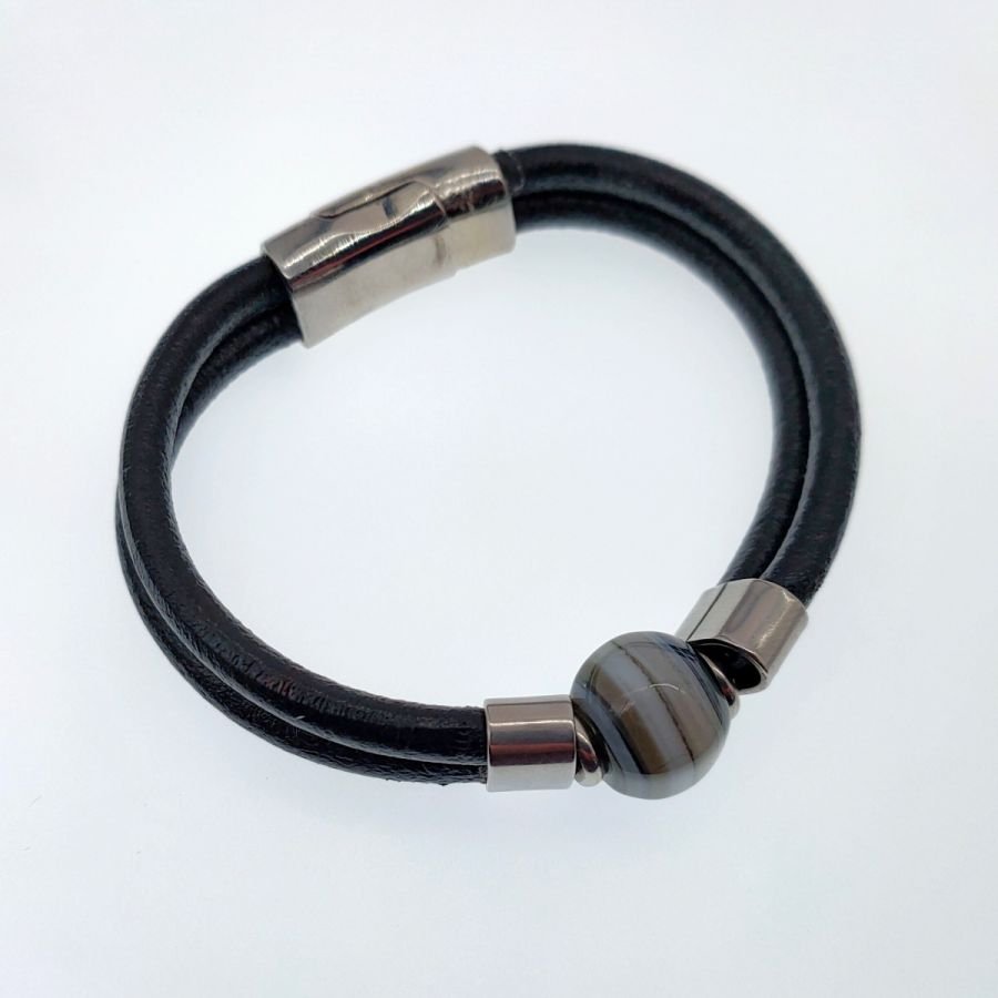 Bracelet pierre en agate de Boswana sur cuir noir double-rangs pour homme