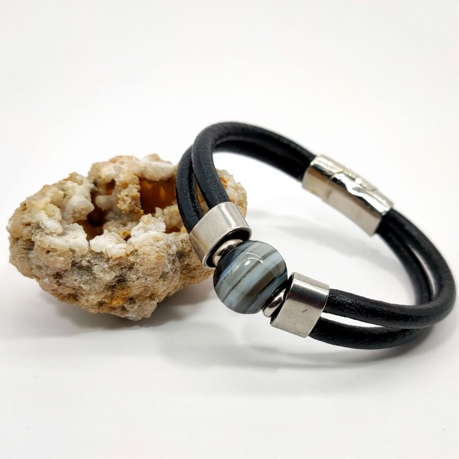 Bracelet pierre en agate de Boswana sur cuir noir double-rangs pour homme