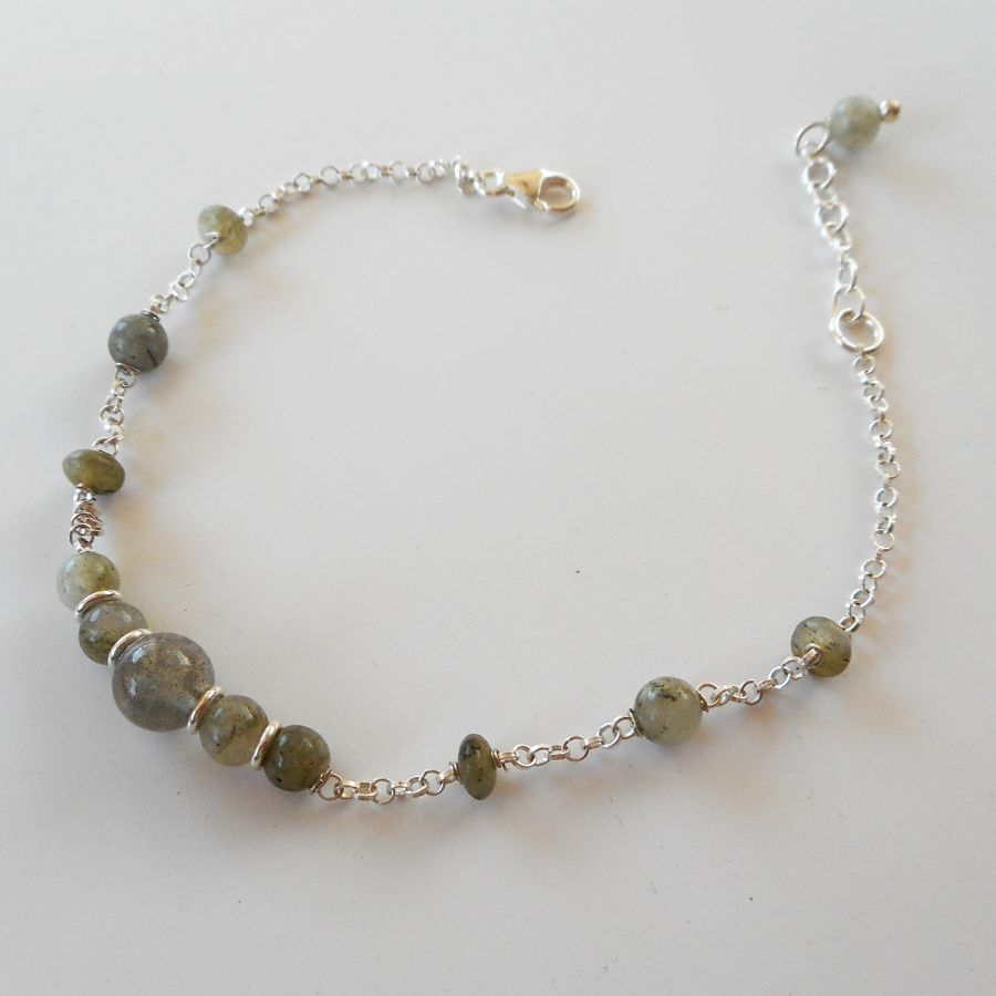 Bracelet en pierre de labradorite verte sur chaine argent 925